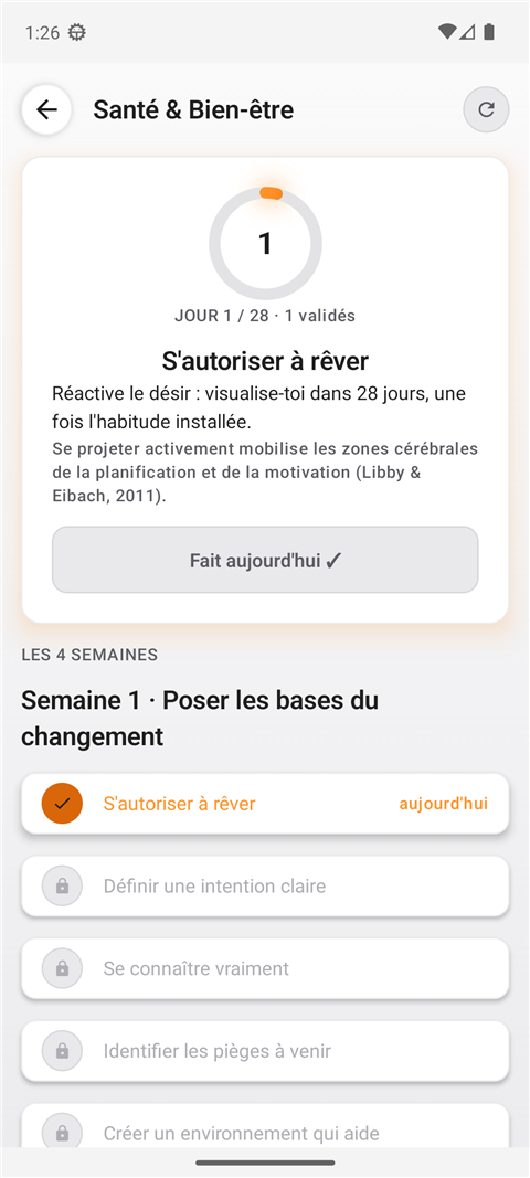 Programme 28 jours, jour 1