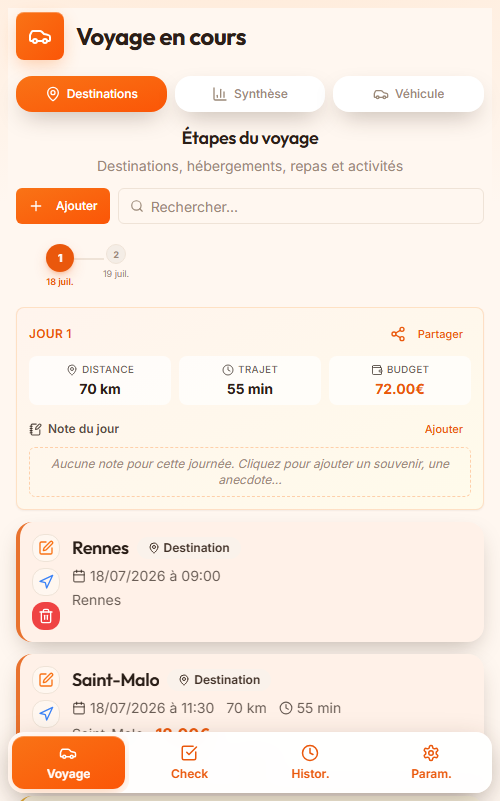 Capture d'écran de l'application Roadtrip Planner, écran Voyage en cours avec l'itinéraire du jour