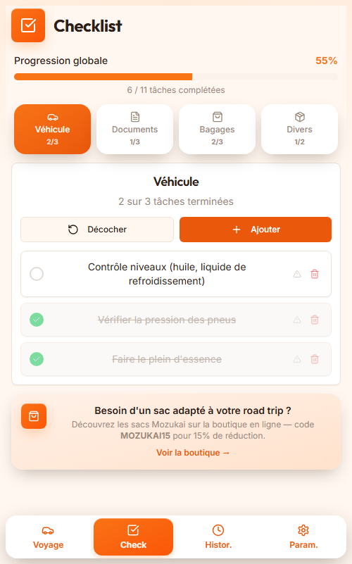Écran de la checklist de voyage avec catégories et tâches