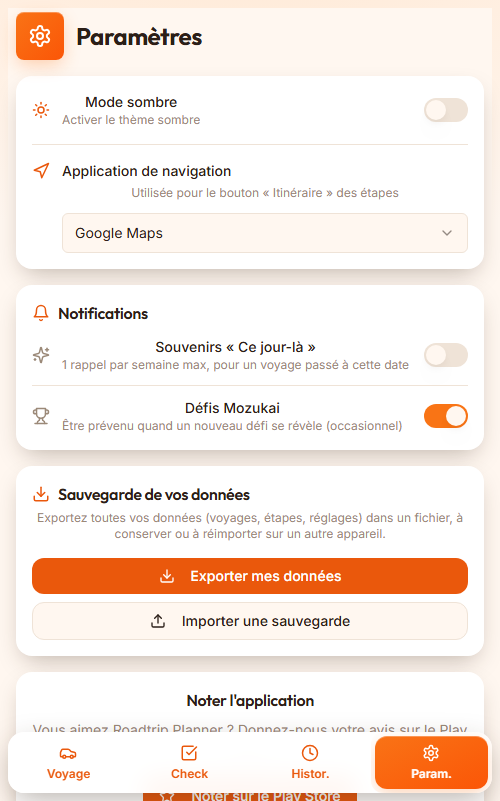 Écran des paramètres avec apparence, notifications et sauvegarde des données
